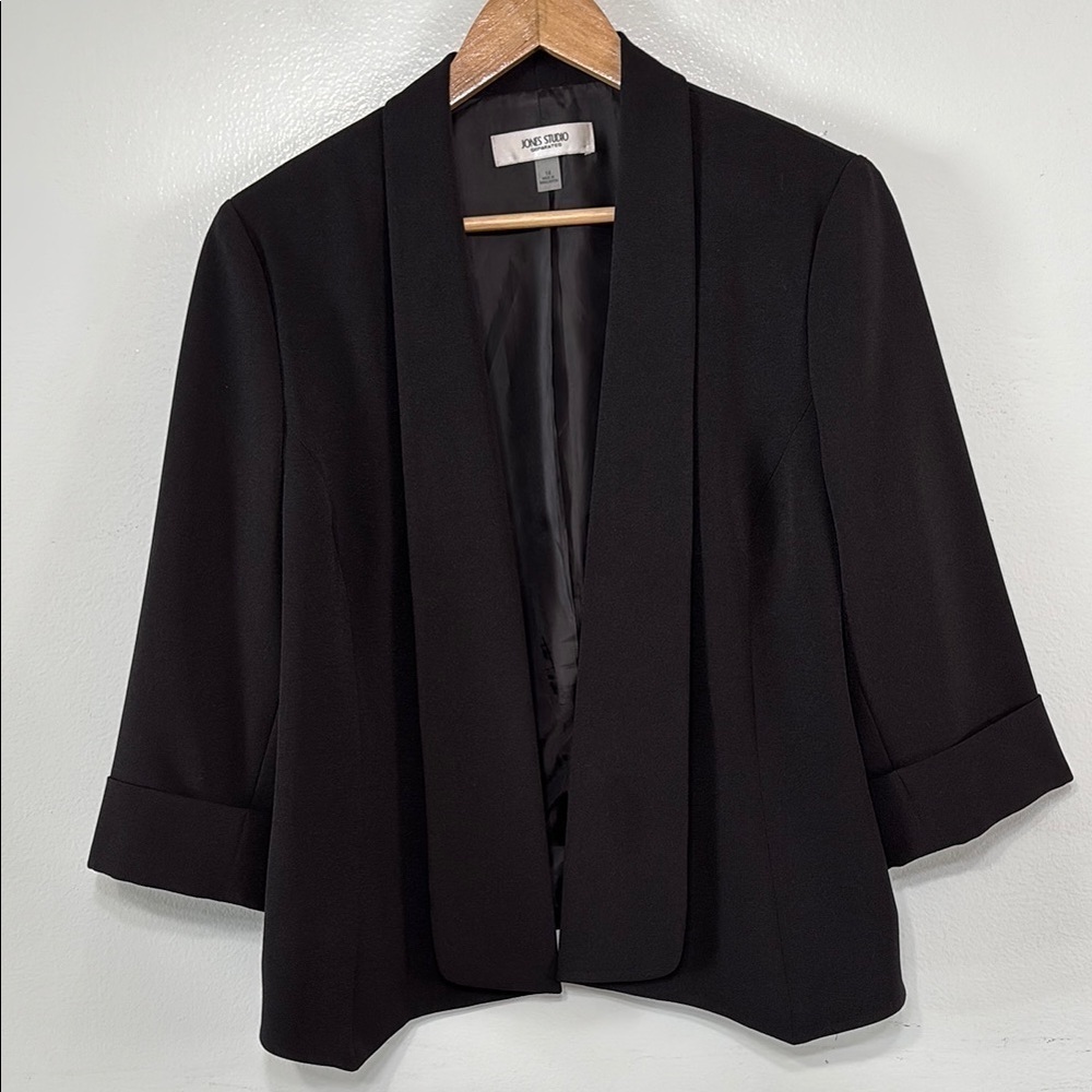 Jones Studio Chic Black Open-Front Cropped Blazer Jacket Size 14